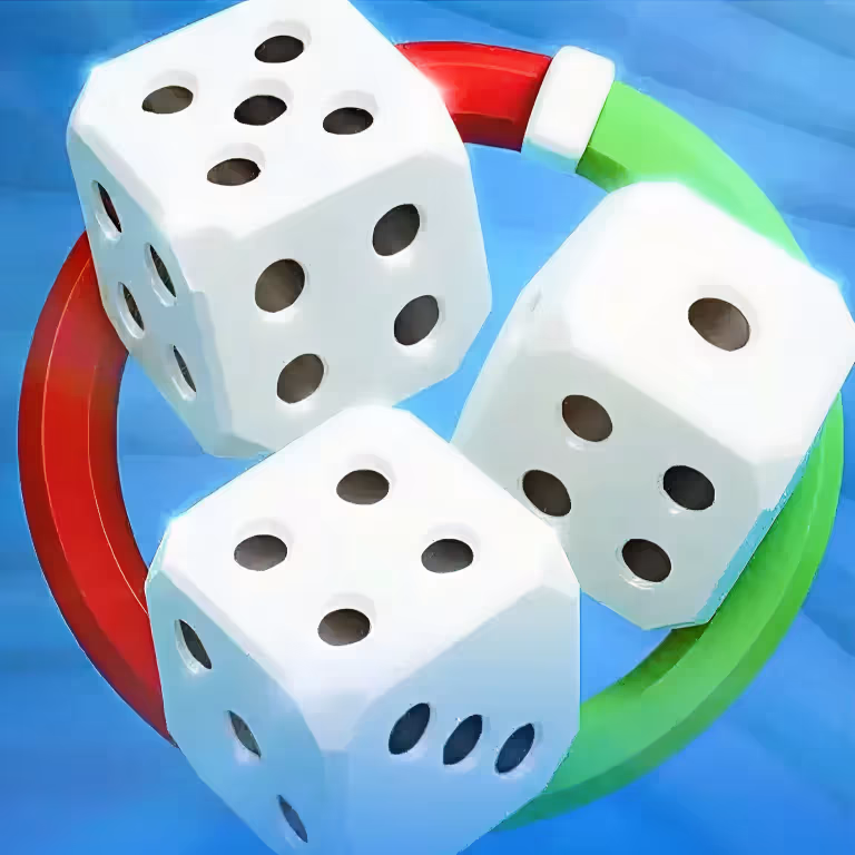 Floating white casino dice inside a colorful circular ring, representing Pigmo Casino table games.